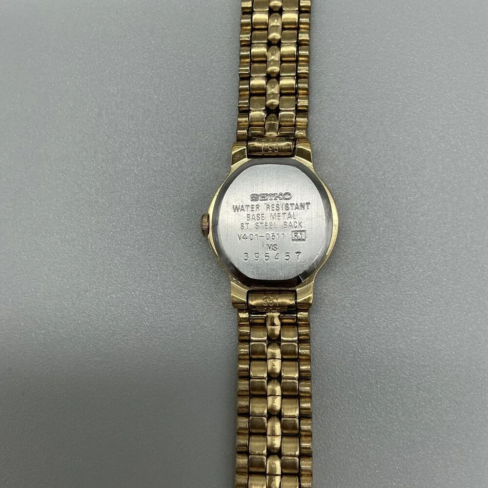 Seiko V401-0511 Womens Watch 19mm Black Dial Gold Tone New Battery 6.75